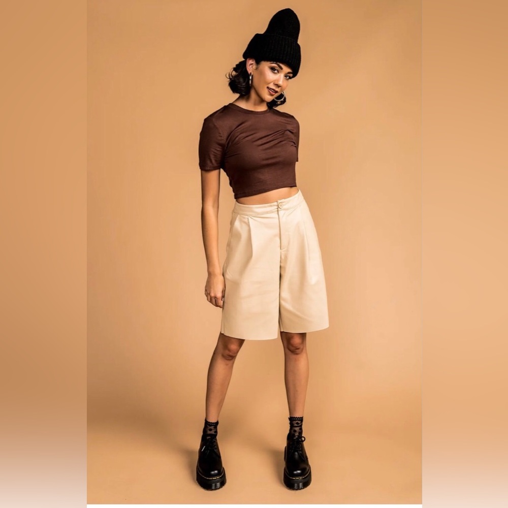 Dressed In LALA “Excuse Me Vegan Leather Shorts in Vanilla” High Rise Bermuda S - Picture 3 of 16